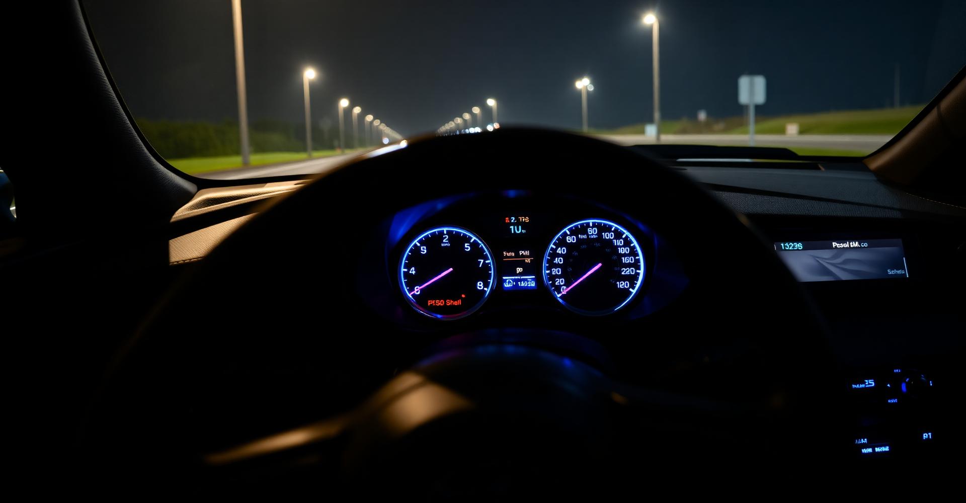 Painel iluminado de um carro esportivo premium à noite